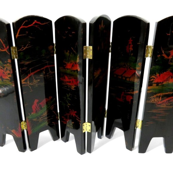 Geisha Mini FOLDING SCREEN Black Lacquer 6 Panel Asian Women Vintage - Picture 6 of 12